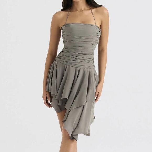 House of CB Valeria Ruched Asymmetric Ruffle Strapless Dress Size XS Extra Small - Picture 9 of 9